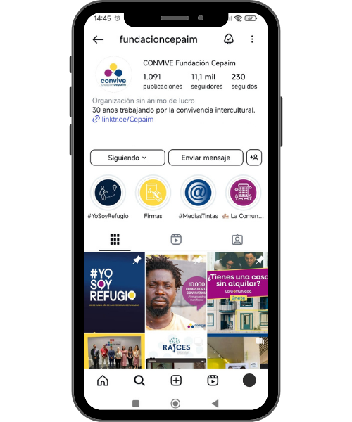 recurso grafico de un movil con la red social de cepaim